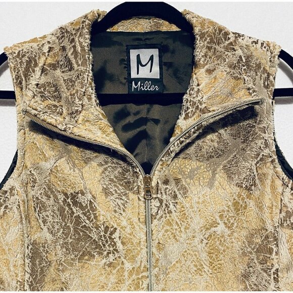 M Miller Vest Womens Medium Brown Metallic Painted Faux Fur Zip Up Pockets Boho - Picture 2 of 6